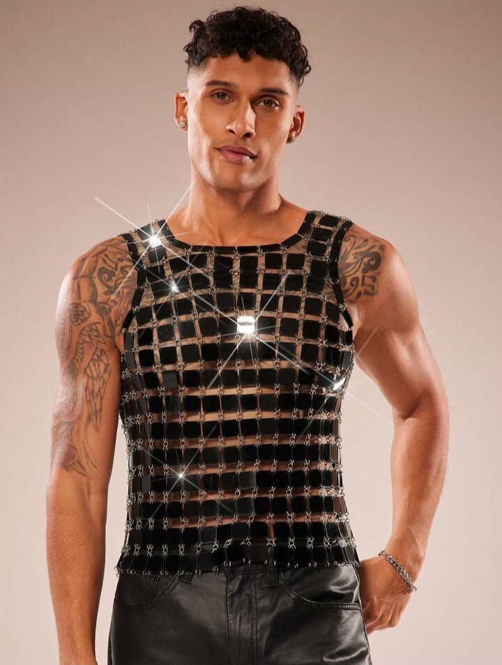 Men's Sequin Decor Sheer Crew Neck Tank Top, Suitable For Parties And Gatherings